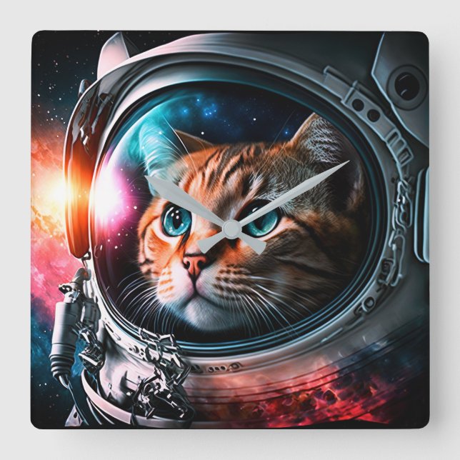 Reloj Cuadrado Funny Space Cat Astronauta Kitty Galaxy Universe (Anverso)