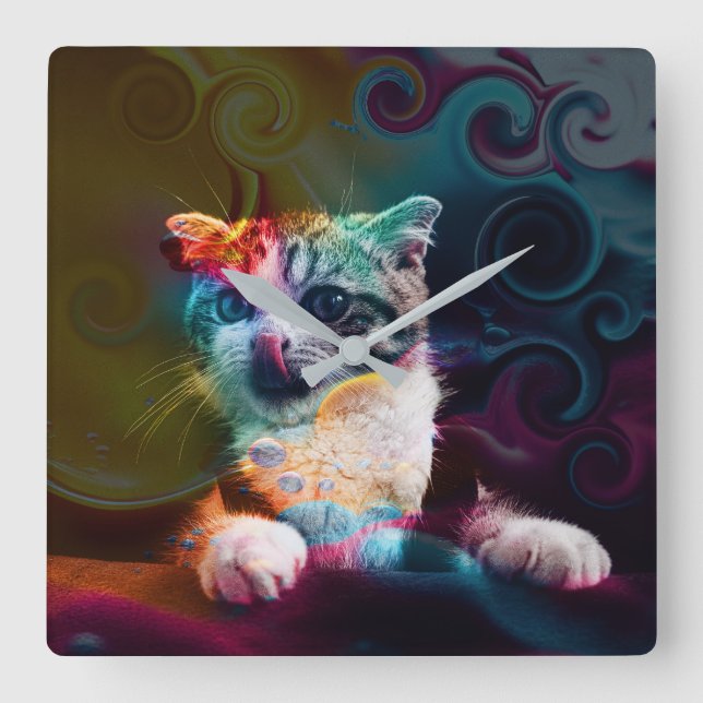 RELOJ CUADRADO FUNNY TRENDY COLORIDO CAT ART (Anverso)