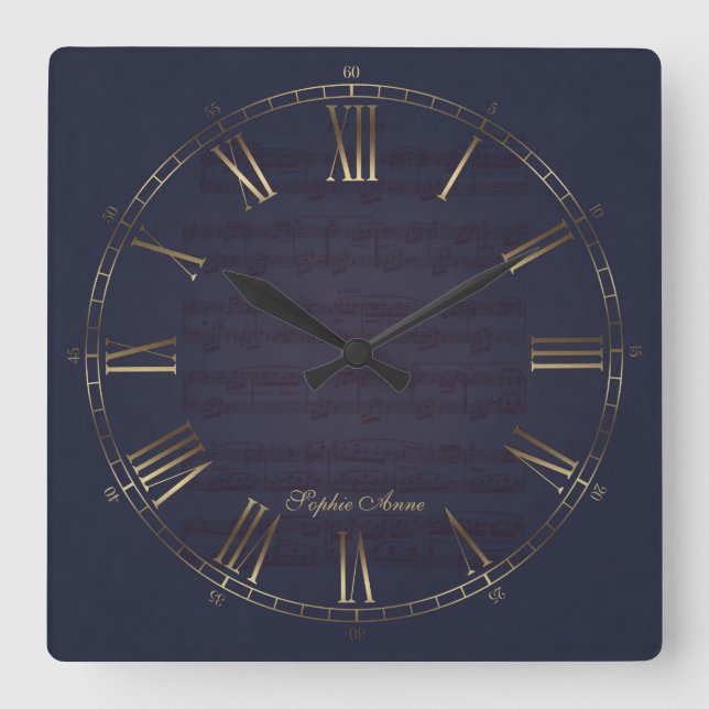 Reloj Cuadrado Für Elise Music Gold Navy Monograma romano azul (Anverso)