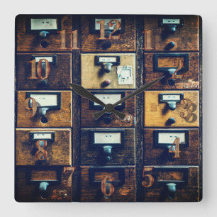 Reloj Cuadrado Gabinete de madera de catálogo de tarjetas de bibl