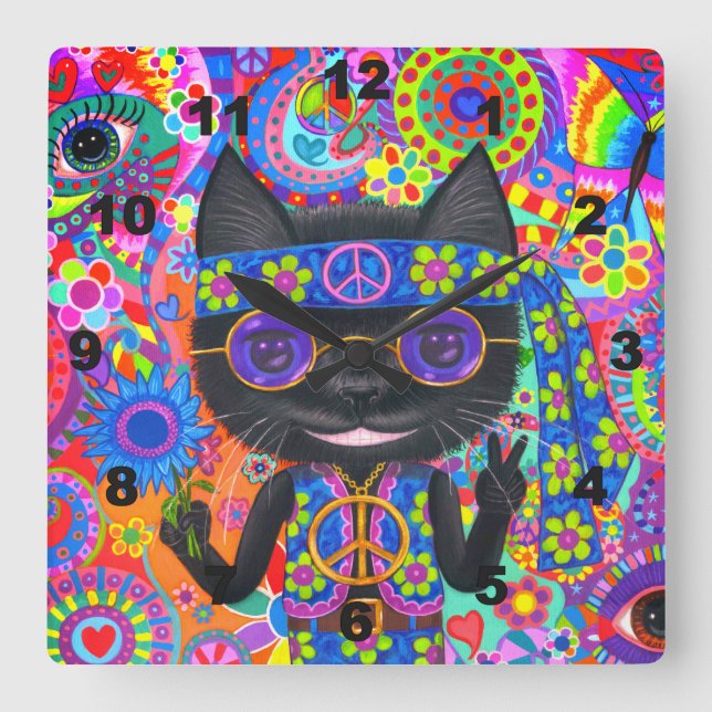 Reloj Cuadrado Gafas de sol de gato hippie feliz signo de paz flo (Anverso)