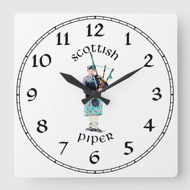 Reloj Cuadrado Gaitero escocés - Cuadro turquesa (Anverso)