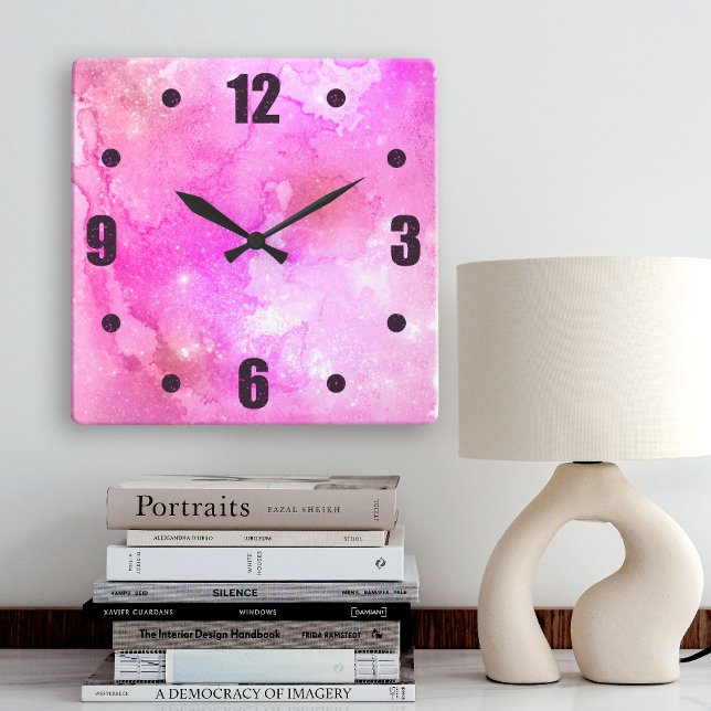 Reloj Cuadrado Galaxia acuarela rosa abstracta tipografía negrita (Choose from round, square and wood frame options!)
