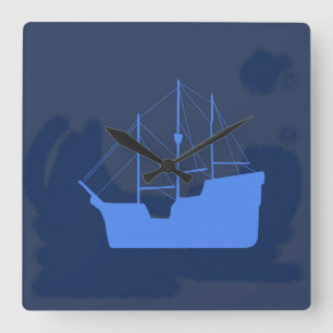 Reloj Cuadrado Galeón Azul Misterioso Silueta a Medianoche