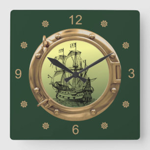 Reloj Cuadrado Galeón Velero ~ Porthole de Latón ~ 