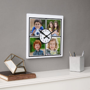 Reloj Cuadrado Galería de pared con collage de 4 fotos