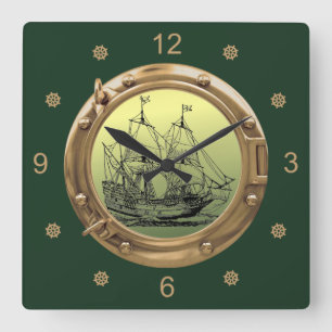 Reloj Cuadrado Galleon Sailing Ship ~ Brass Porthole ~