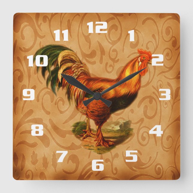 Reloj Cuadrado Gallo de Campo Rústico (Anverso)