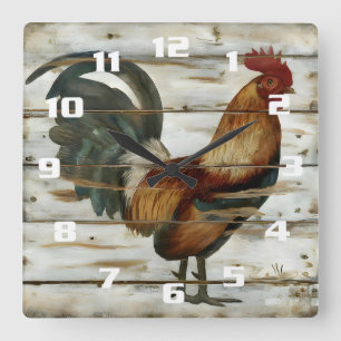 Reloj Cuadrado Gallo de campo rústico y granja sobre madera desga