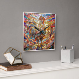 Reloj Cuadrado Gallo Dorado de Luz Cantando mosaico
