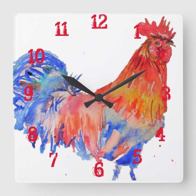 Reloj Cuadrado Gallo Pollo Cockerel Niños Habitación Infantil  (Anverso)
