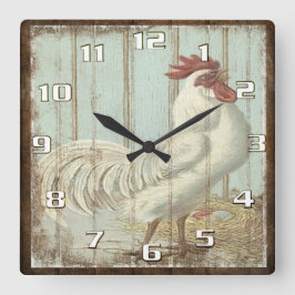 Reloj Cuadrado Gallo Vintage en Tablas de Madera Viejas Rústicas