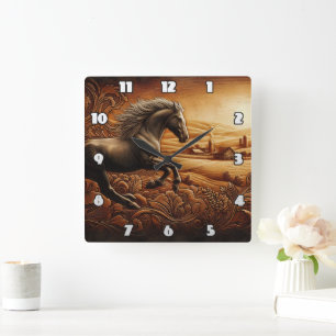 Reloj Cuadrado Gallopaje de caballos negros en campos dorados