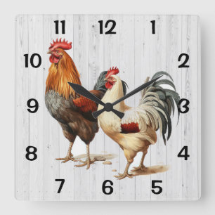 Reloj Cuadrado Gallos sobre fondo de madera blanco