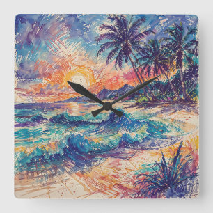 Reloj Cuadrado Garabatos de Playa - Estilo de Arte de Línea en Pa