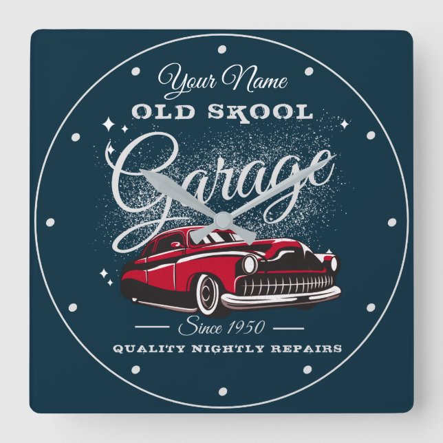Reloj Cuadrado Garage Old School Any Name Low Rider Merc Car Blue (Anverso)