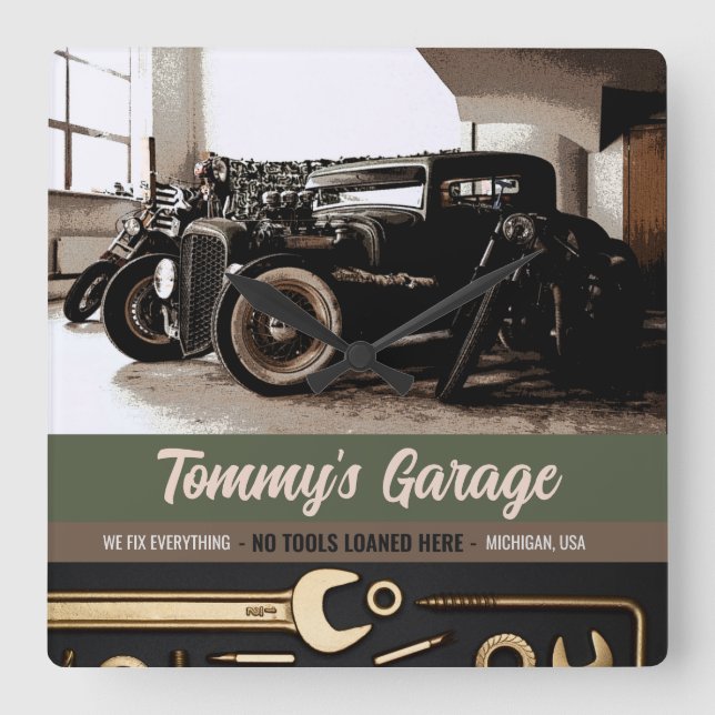 Reloj Cuadrado Garaje mecánico para motocicletas de Personalizado (Anverso)