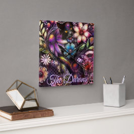 Reloj Cuadrado Garden Kitty Cat Floral Abstract Personalized