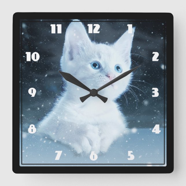 Reloj Cuadrado Gatito blanco lindo con ojos azules de Bonito (Anverso)