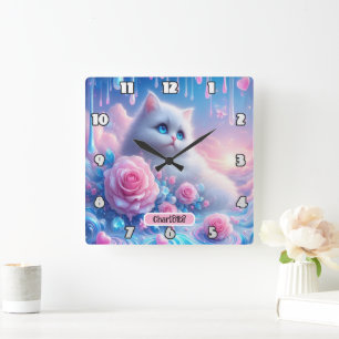 Reloj Cuadrado Gatito de ensueño: rosas rosas rosas, ojos azules