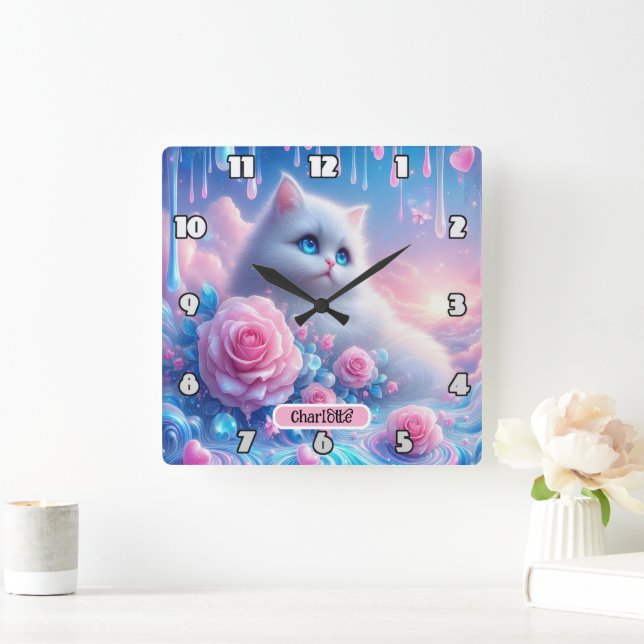 Reloj Cuadrado Gatito de ensueño: rosas rosas rosas, ojos azules (Hogar)