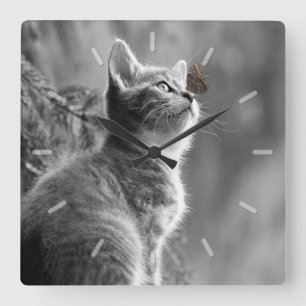 Reloj Cuadrado Gatito gris lindo con la mariposa en nariz