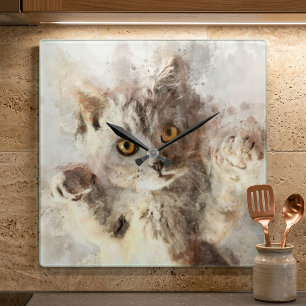 Reloj Cuadrado Gatito Juguetón de Acuarela con Ojos Brillantes de