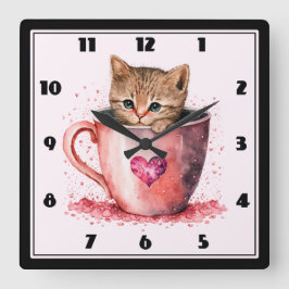 Reloj Cuadrado Gatito lindo en una taza de té con corazones