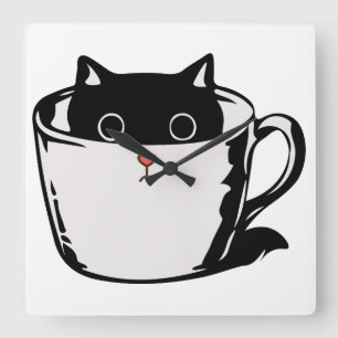 Reloj Cuadrado Gatito negro con nariz roja escondiéndose en una t