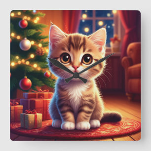 Reloj Cuadrado Gatito sentado junto al árbol de Navidad brillante