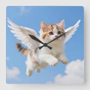 Reloj Cuadrado Gatito Volador Adorable Calico Tabby Cielo Azul