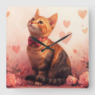 Reloj Cuadrado Gato Abisinio con Rosas - Día de San Valentín