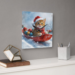 Reloj Cuadrado Gato abisinio en trineo Deja que nieve Navidad
