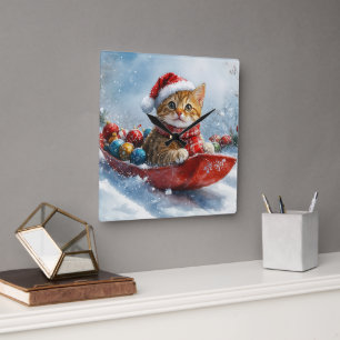 Reloj Cuadrado Gato abisinio en trineo Deja que nieve Navidad
