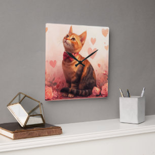 Reloj Cuadrado Gato abisino con Rosas - El día de San Valentín