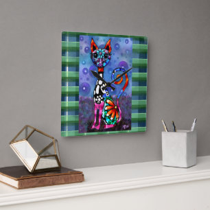Reloj Cuadrado Gato abstracto funky de ojos grandes y caprichoso