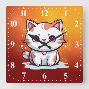 Reloj Cuadrado Gato adorable al estilo Kawaii Clipart