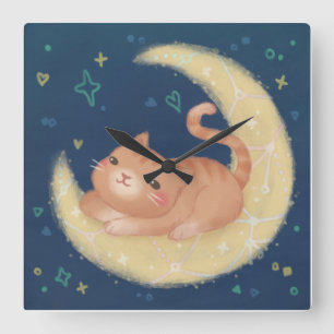 Reloj Cuadrado Gato Adorable en la Luna
