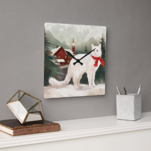 Reloj Cuadrado Gato Angora Turco en Navidad con Nieve