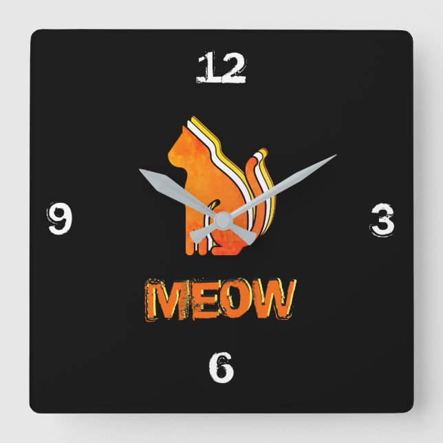 Reloj Cuadrado Gato, animal Naranja y amarillo, arte pop abstract (Anverso)