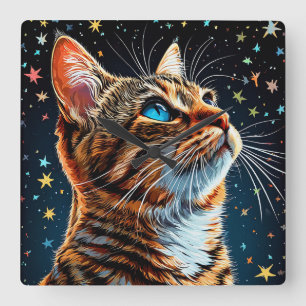 Reloj Cuadrado Gato Atigrado de Ojos Azules Contempla el Cielo No