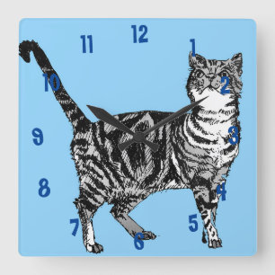 Reloj Cuadrado Gato atigrado gatos arte animal niños azul claro