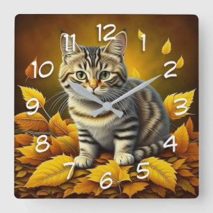 Reloj Cuadrado Gato atigrado gris AI  