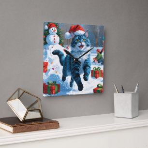 Reloj Cuadrado Gato Azul Oriental Sentado en Sombrero de Navidad