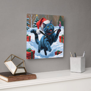 Reloj Cuadrado Gato Azul Ruso Corriendo Nieve con Sombrero de Nav