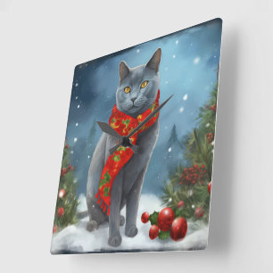 Reloj Cuadrado Gato azul ruso en Navidades de nieve