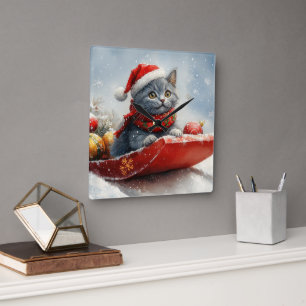 Reloj Cuadrado Gato Azul Ruso en Trineo Deja que Nieve Navidad