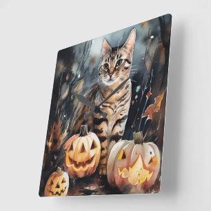 Reloj Cuadrado Gato Bengal Halloween con Calabazas Espantoso