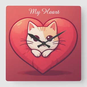 Reloj Cuadrado Gato Blanco Adorable con Corazón Diseño de Amor Ga