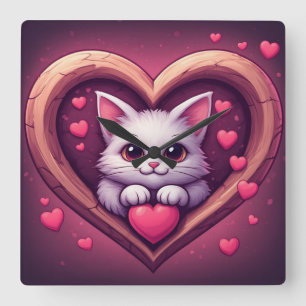 Reloj Cuadrado Gato Blanco Adorable con Corazón Diseño de Amor Ga